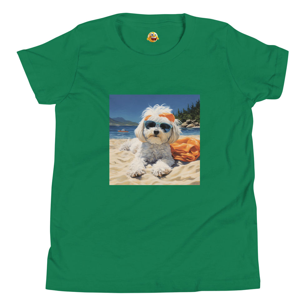 Sandy Sunshine: kelly green youth short-sleeve T-shirt with a puppy wearing sunglasses on a beach