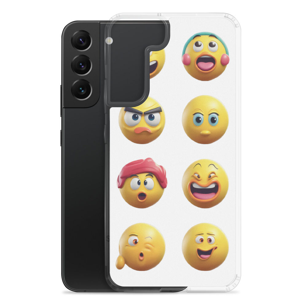 Emoji Frenzy clear Samsung case with laughing and startled expressions in the design.