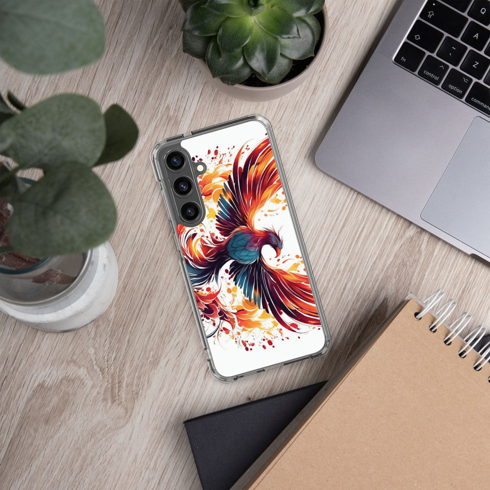 Reborn phoenix-mockup-45 showing Blazing Rebirth artwork on a Samsung clear phone case