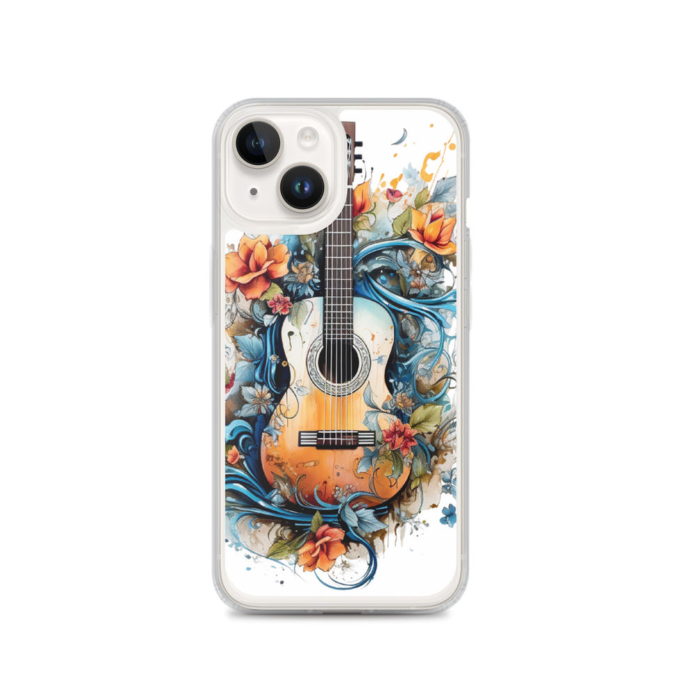 Nature’s Song clear iPhone case front view in a dark desk with glasses, showing the floral music artwork, image 1.