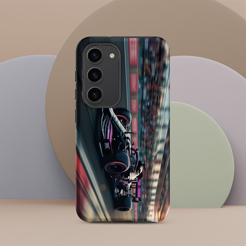 Black n Purple Power Tough case for Galaxy S23, black and purple race car artwork, pastel geometric backdrop