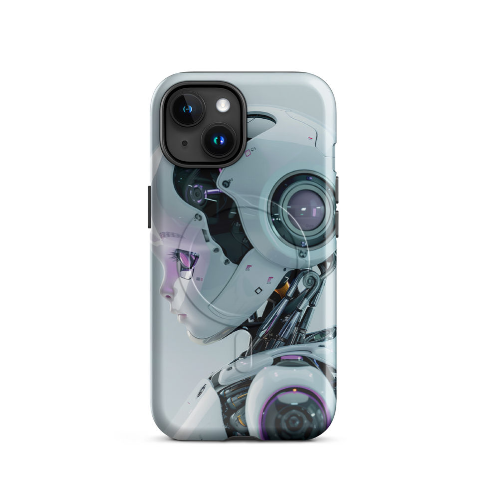 Cybersprout MagSafe phone case featuring a child robot with violet cybernetic eye and detailed armour