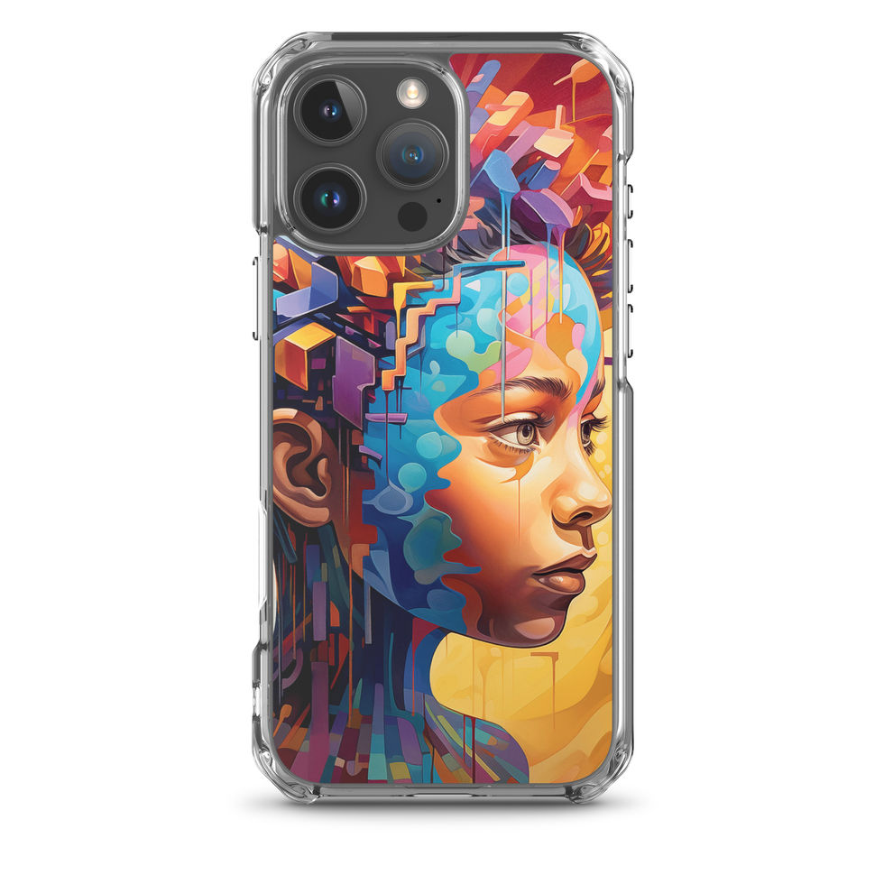 Visionary Mind clear iPhone case with imaginative surreal brain art, close side angle, image 41