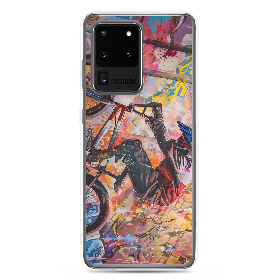 Graffiti Grind Clear case for Galaxy S20 Ultra, BMX rider amid pink and yellow graffiti, rear view on white
