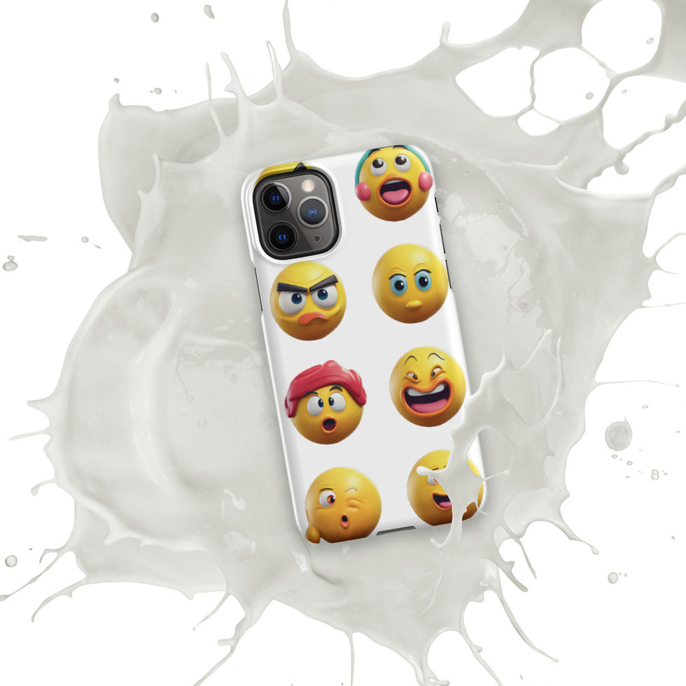 Emoji Frenzy snap iPhone case showing two-column emoji grid across its rear print, over a white paint splash.