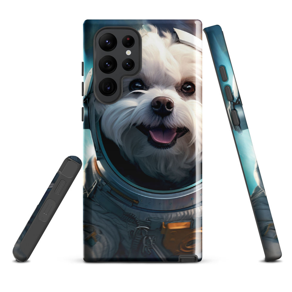 Cosmo Pup galaxy dog Samsung tough case โ camera-side detail in studio mockup