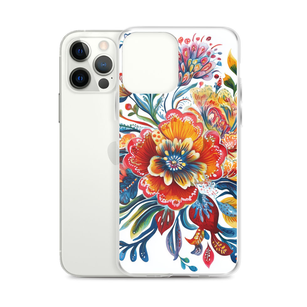 Sunfire Bloom clear floral phone case for iPhone 13, rear view highlighting the sunlit yellow orange and blue floral design