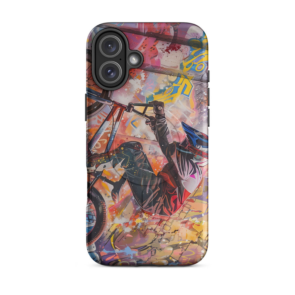 Graffiti Grind MagSafe Tough case for iPhone 16 Plus, BMX rider amid pink and yellow graffiti, rear view on white