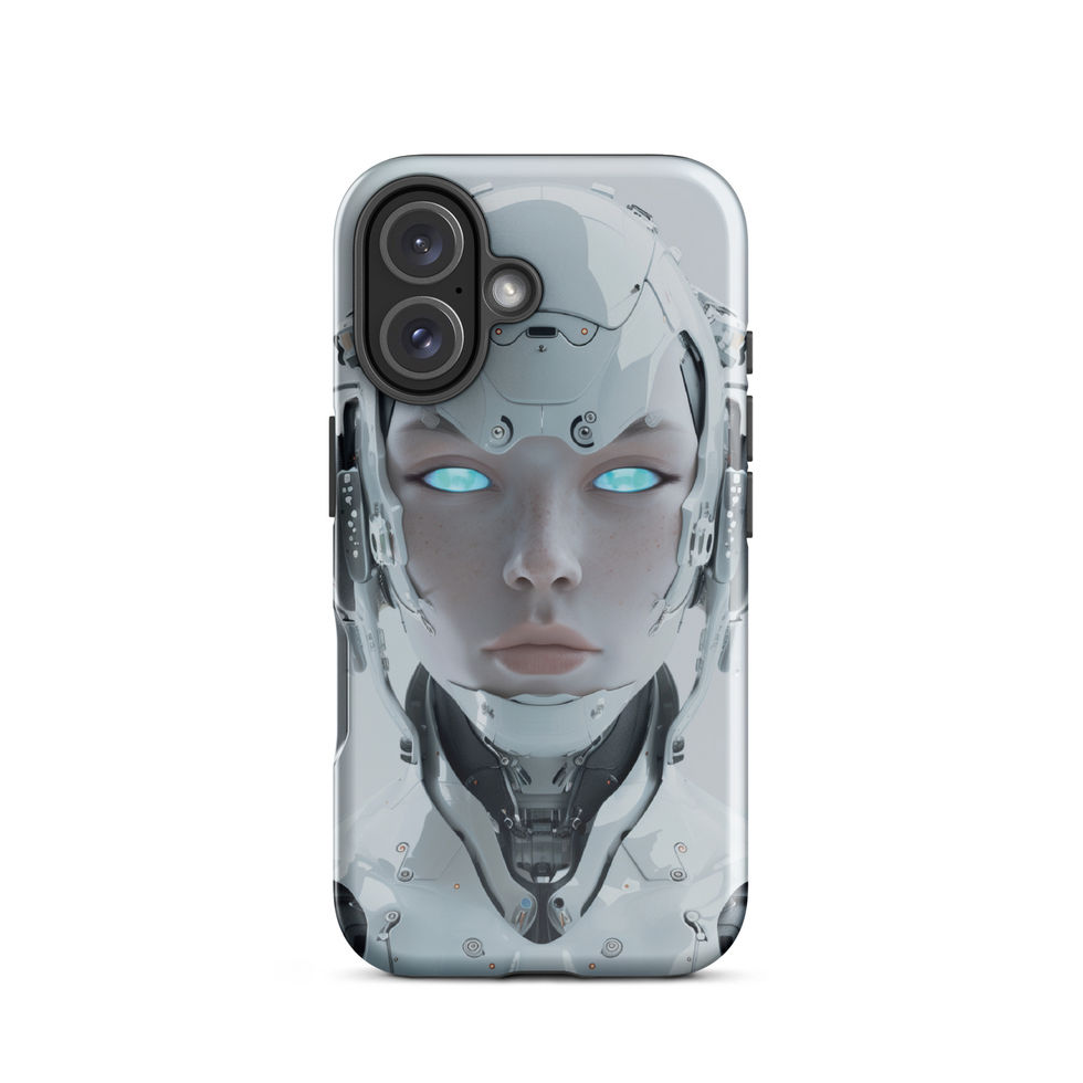 Eon Vanguard silver android with luminous aqua eyes; angled case mockup on an iPhone® Tough Case.