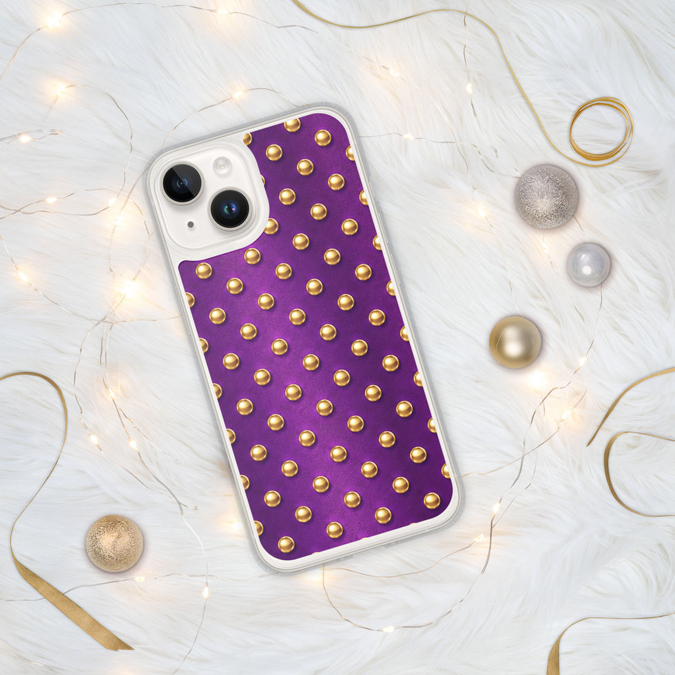 Plum Royale Dots clear case for iPhone 14, gold-look dots on plum purple