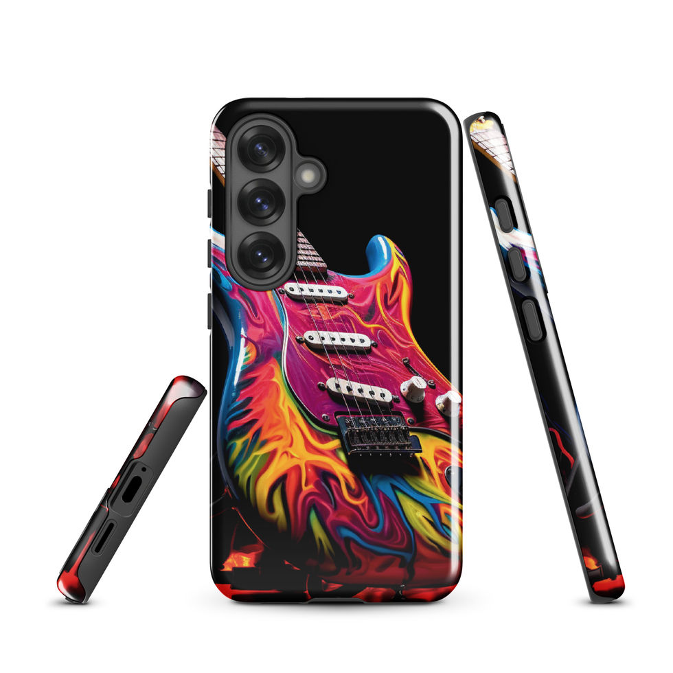 Flaming Riffs protective Samsung Tough Case on a wristwatch desk scene, featuring the flame-wrapped guitar artwork, image 11.