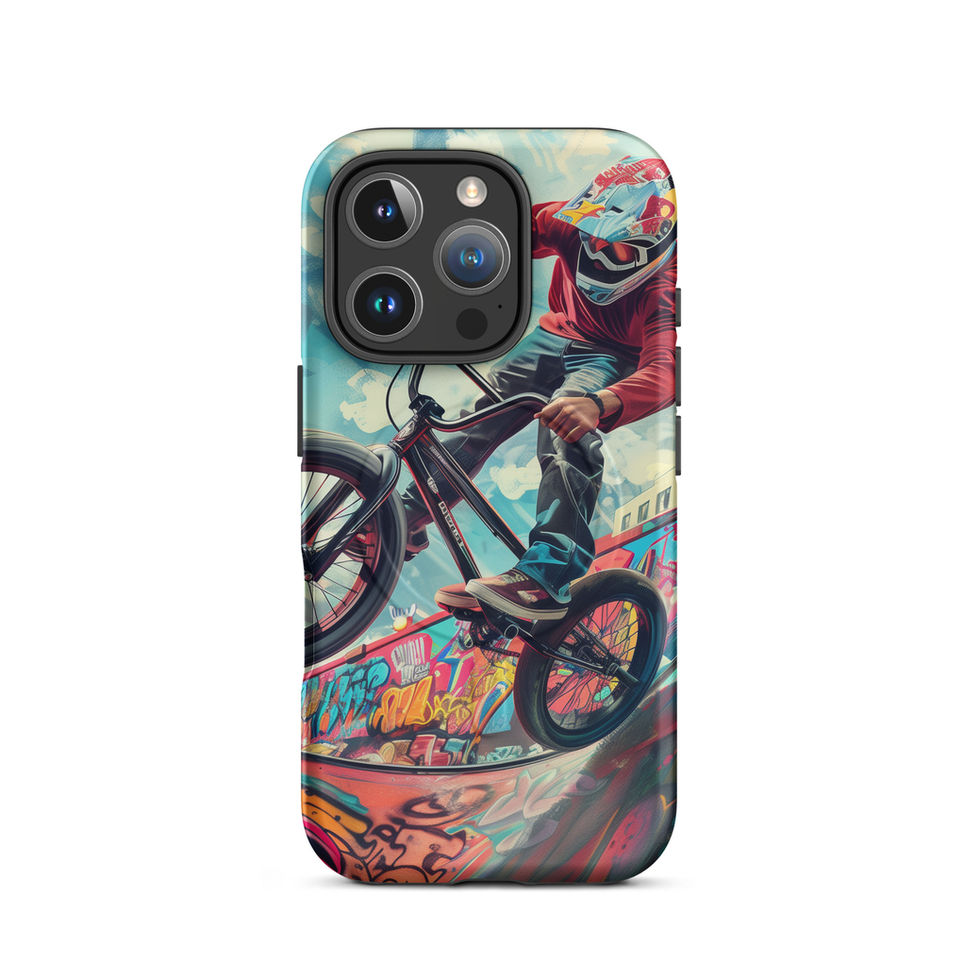 Urban Thrill MagSafe Tough case for iPhone 16 Pro, BMX rider above graffiti ramp, rear view on white background