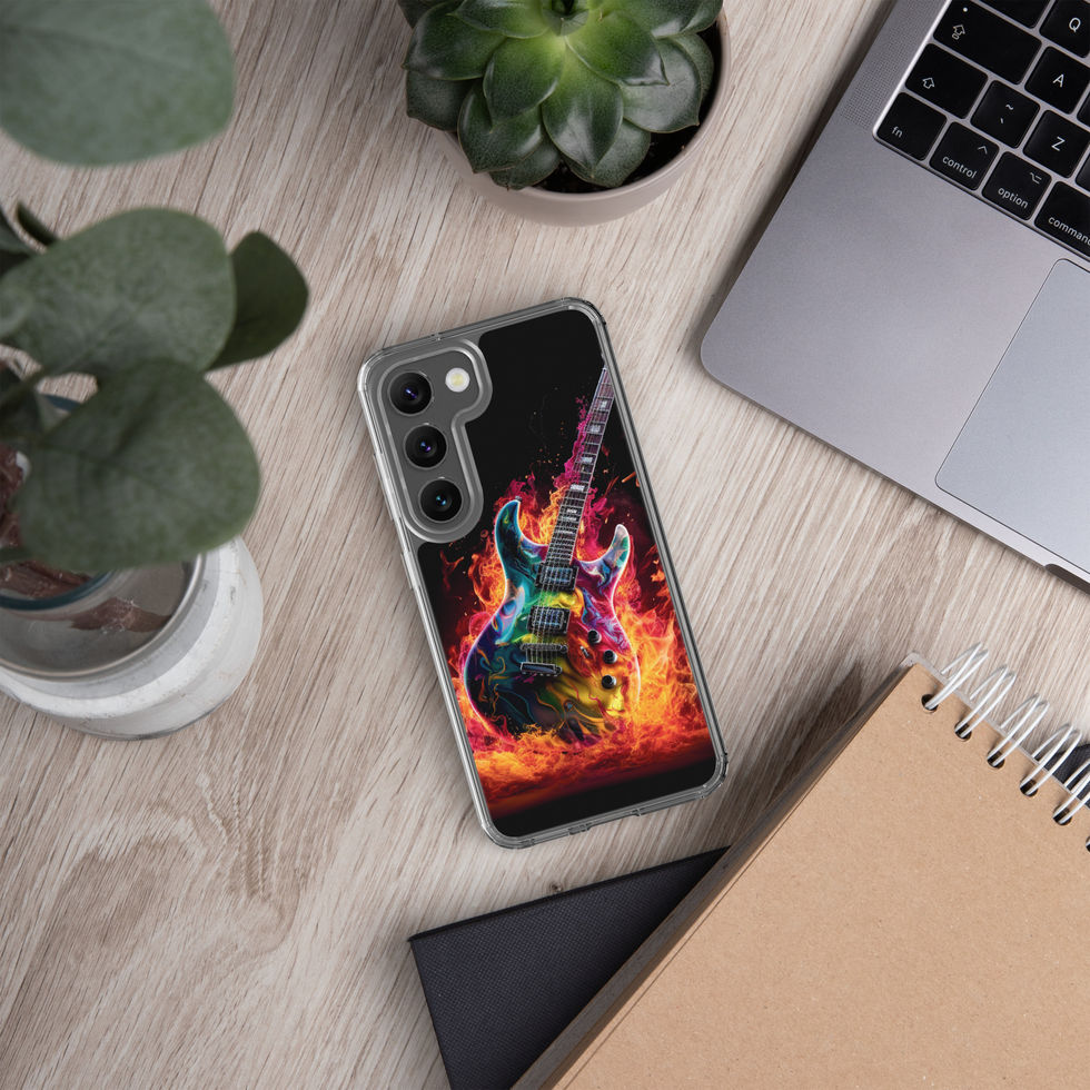 Blazing Riffs clear Samsung case rear artwork view in a silver headphone setup, featuring the fiery electric guitar artwork.