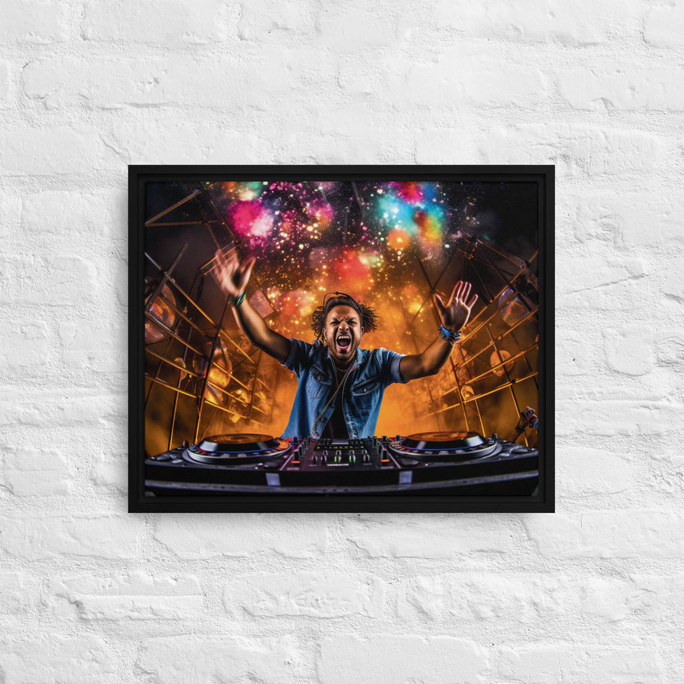 Cosmic Drop framed canvas showing a celebratory performer under pink, green and orange overhead lights