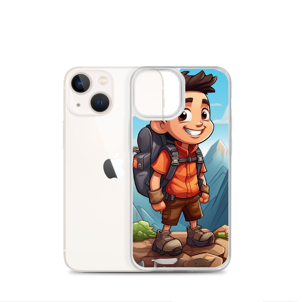 Trailblazer clear iPhone case with colourful backpack and boots, full case artwork