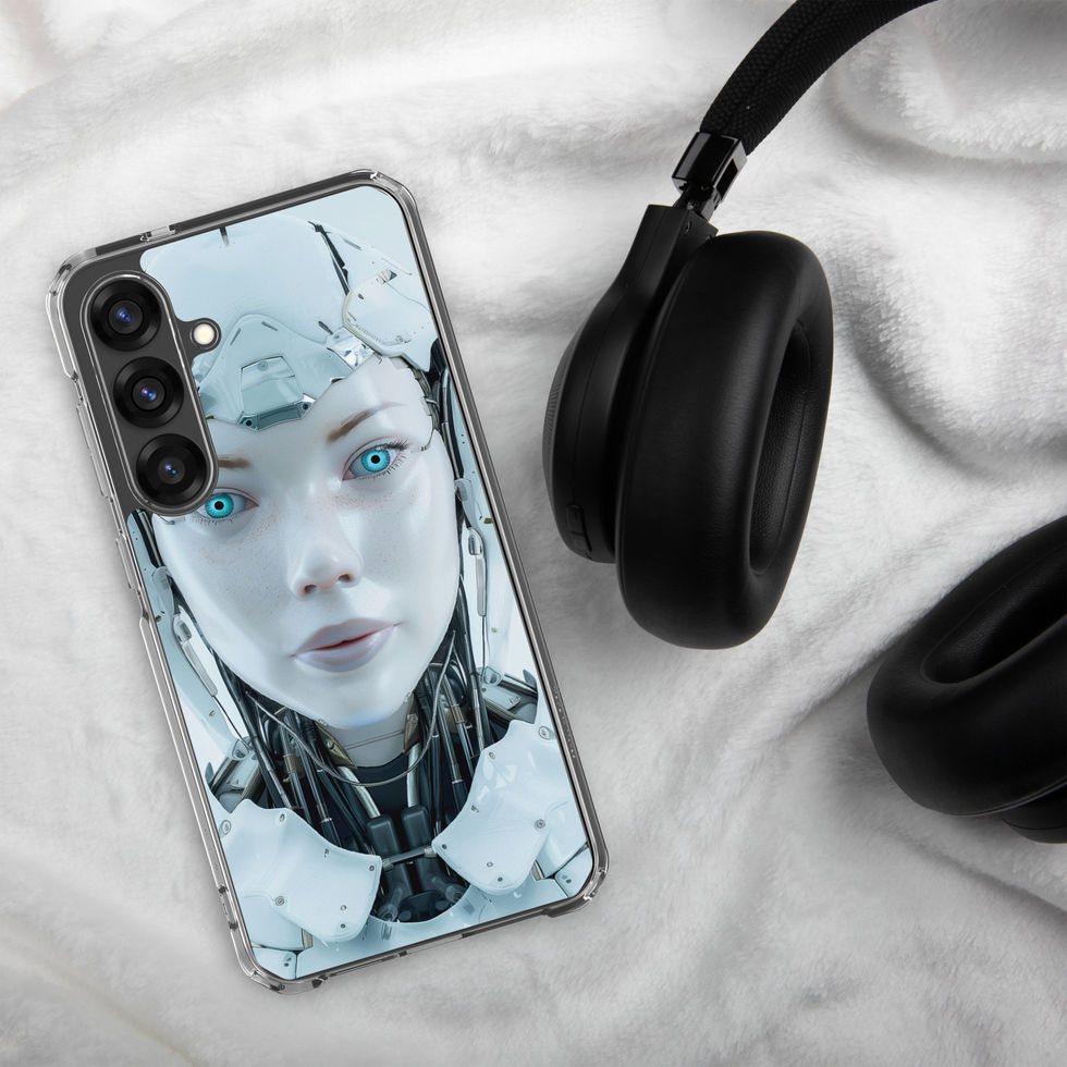 White silver robot face artwork on a slim clear Galaxy cover – angled case mockup
