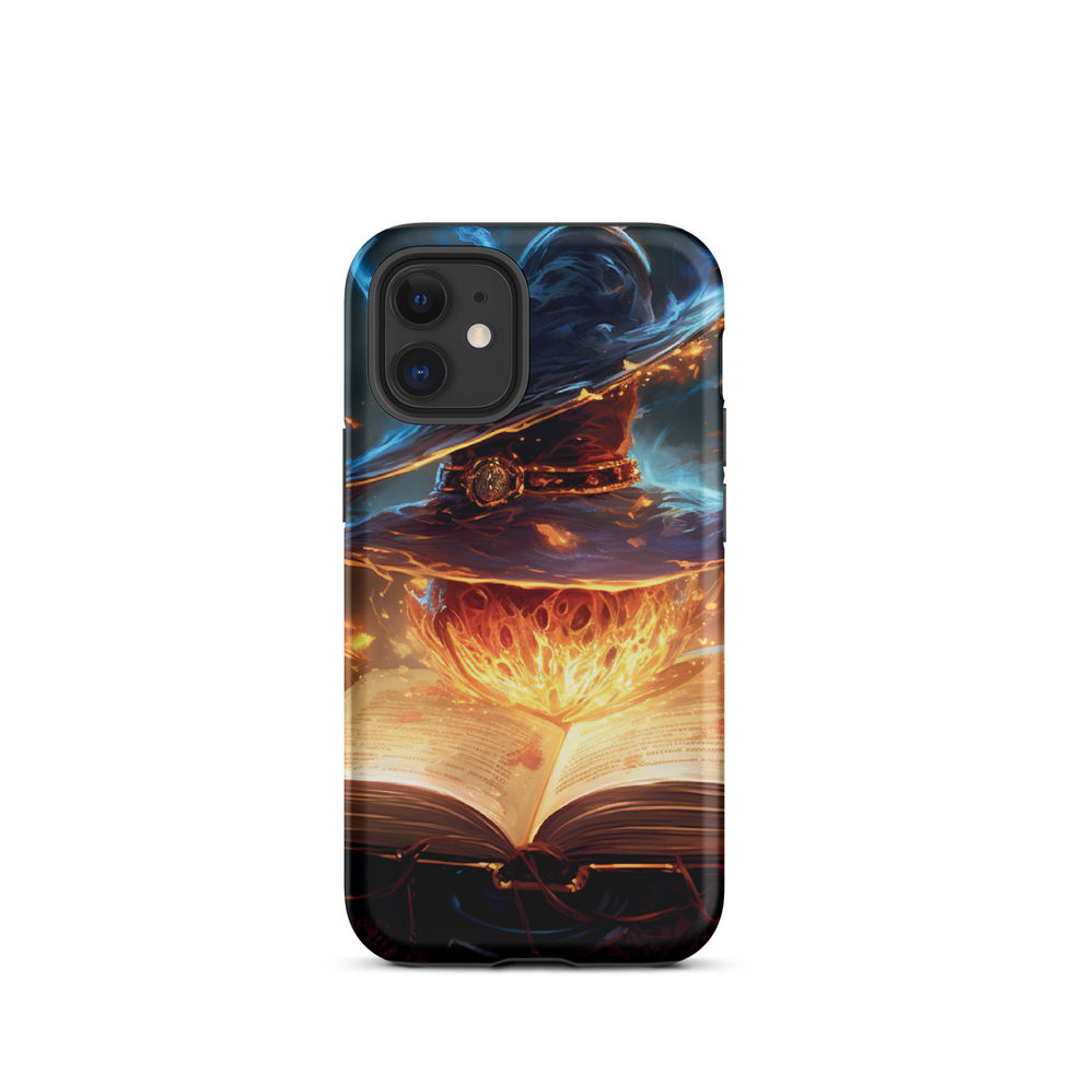Arcane Ember iPhone tough case with orange sparks against a deep blue background, shown from the rear on white.