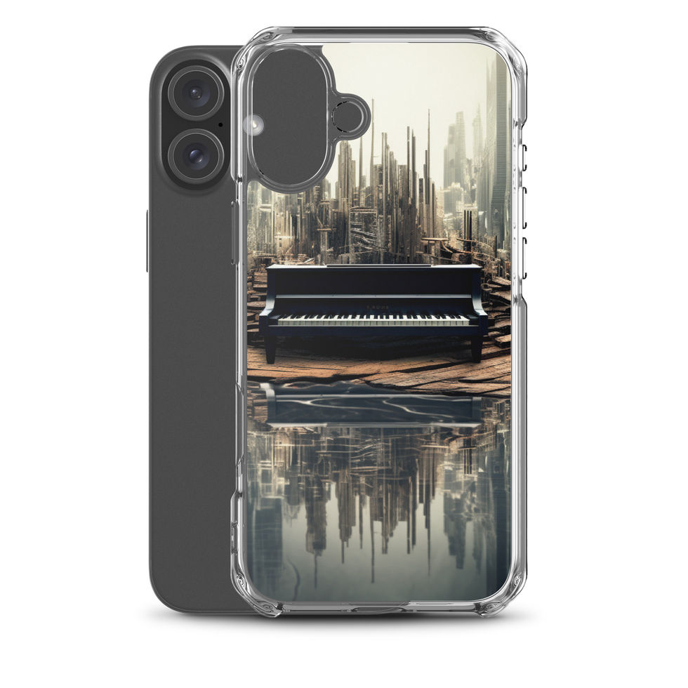 Urban Sonata clear iPhone case in a bright desk setting, close view showing the camera opening, image 41.