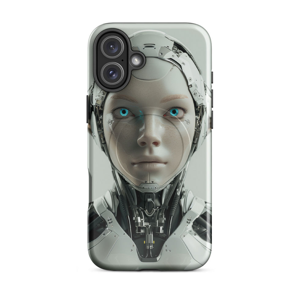 Female android portrait with graphite components; front product view on an iPhone® MagSafe Tough Case.