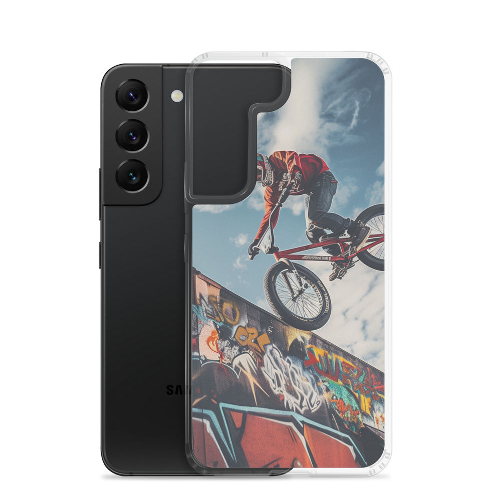 Graffiti Air Clear case for Galaxy S22, BMX rider above graffiti ramp, with phone beside case on white