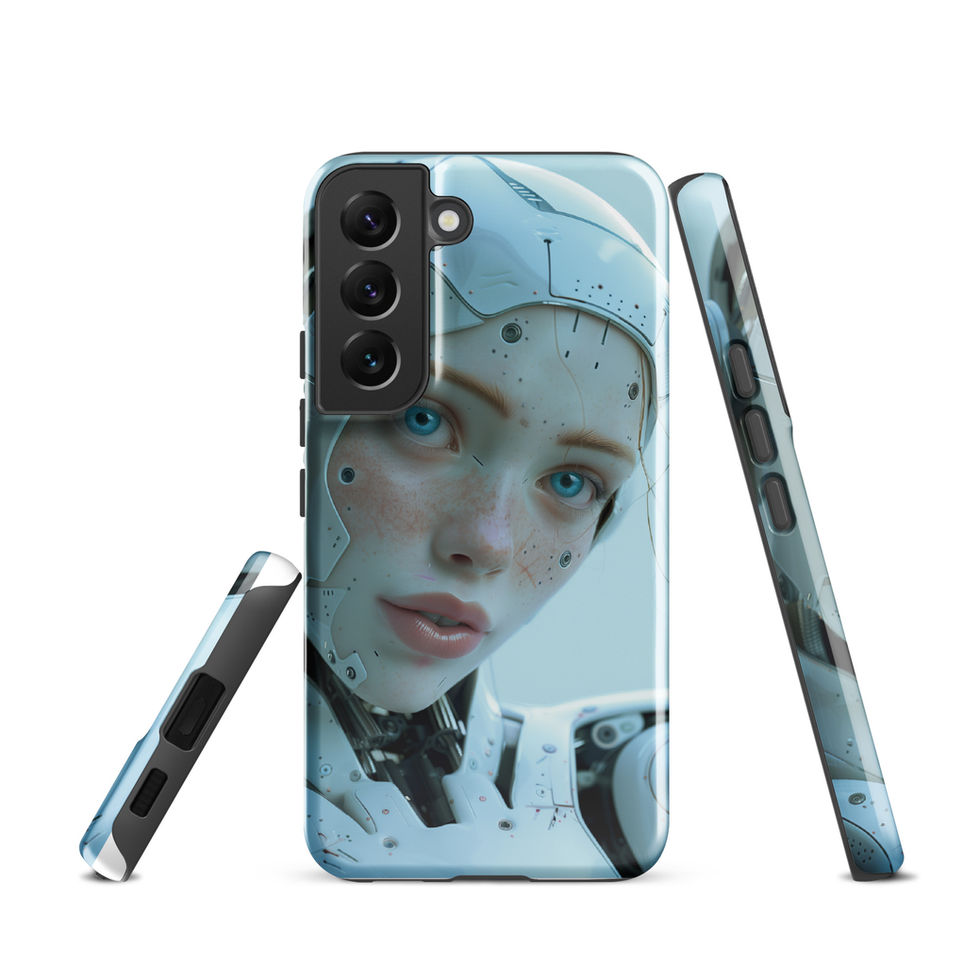Serene futuristic android with icy blue eyes on a Galaxy case – front product image