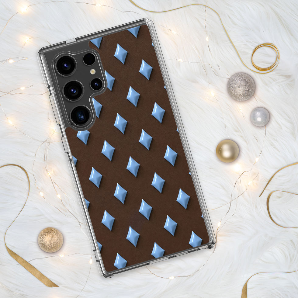 Cocoa Sky Diamonds clear case for Samsung Galaxy S24 Ultra, sky blue diamond pattern on cocoa brown with transparent edges