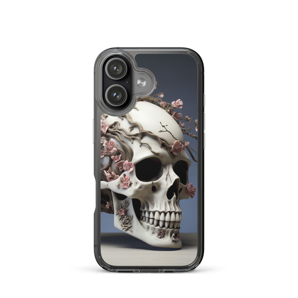 Ethereal Bloom clear case shown against white with the skull illustration beside the camera opening