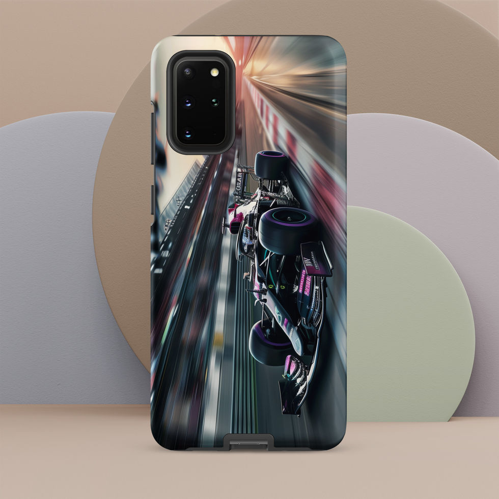 Midnight Velocity Tough case for Galaxy S20 Plus, race car and night lights, rear view on beige display