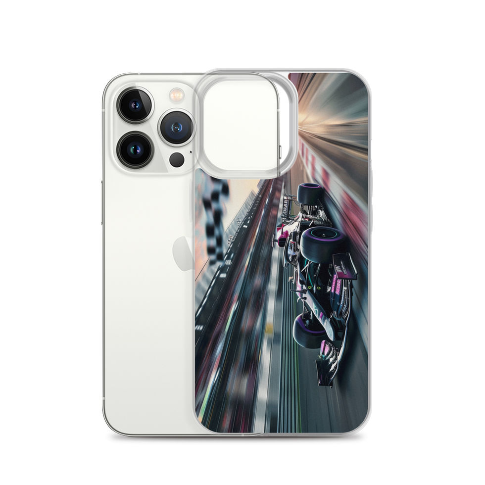 Midnight Velocity Clear case for iPhone 13 Pro, race car and night lights, rear view on white