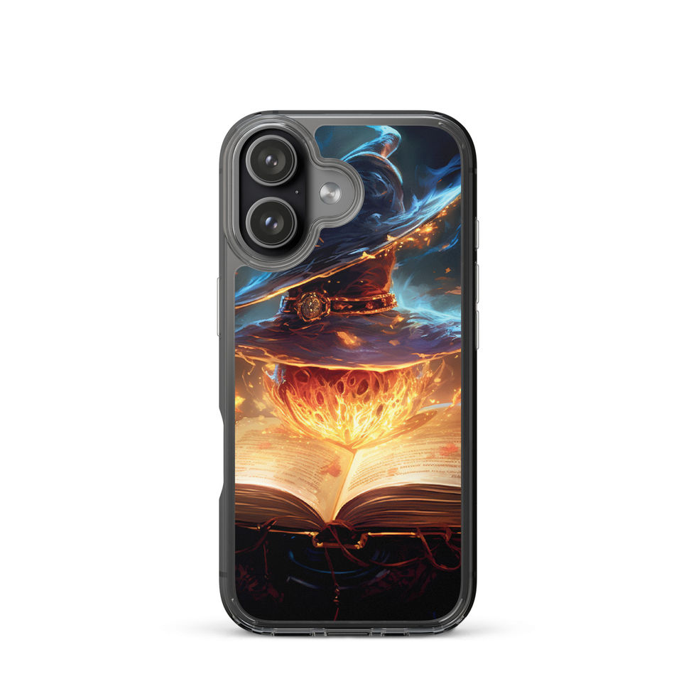 Arcane Ember iPhone clear case: blue smoke and warm light across the case; camera cutout visible.