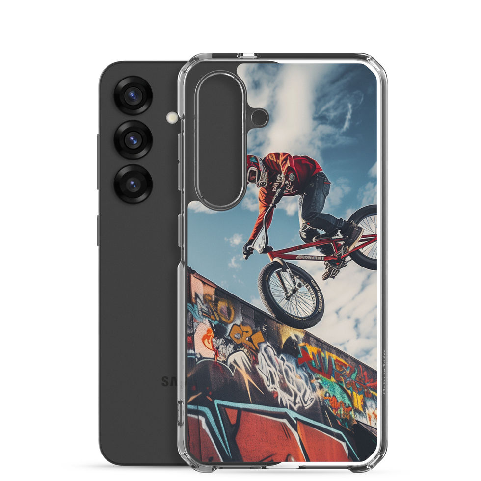 Graffiti Air Clear case for Galaxy S25, BMX rider above graffiti ramp, with phone beside case on white
