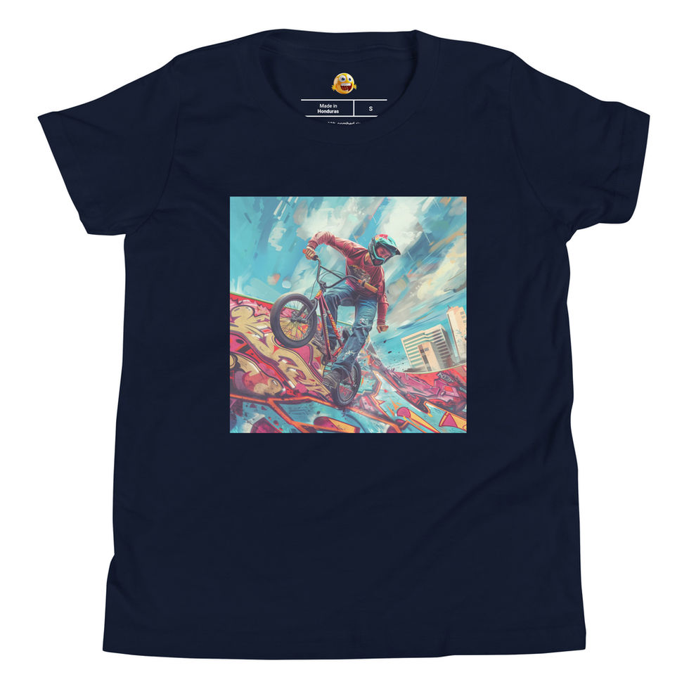 Graffiti Ramp BMX: navy youth short-sleeve T-shirt with a BMX rider on a colourful graffiti ramp