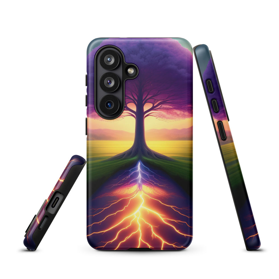 Ethereal Roots tough Samsung case with purple leaves and yellow horizon.
