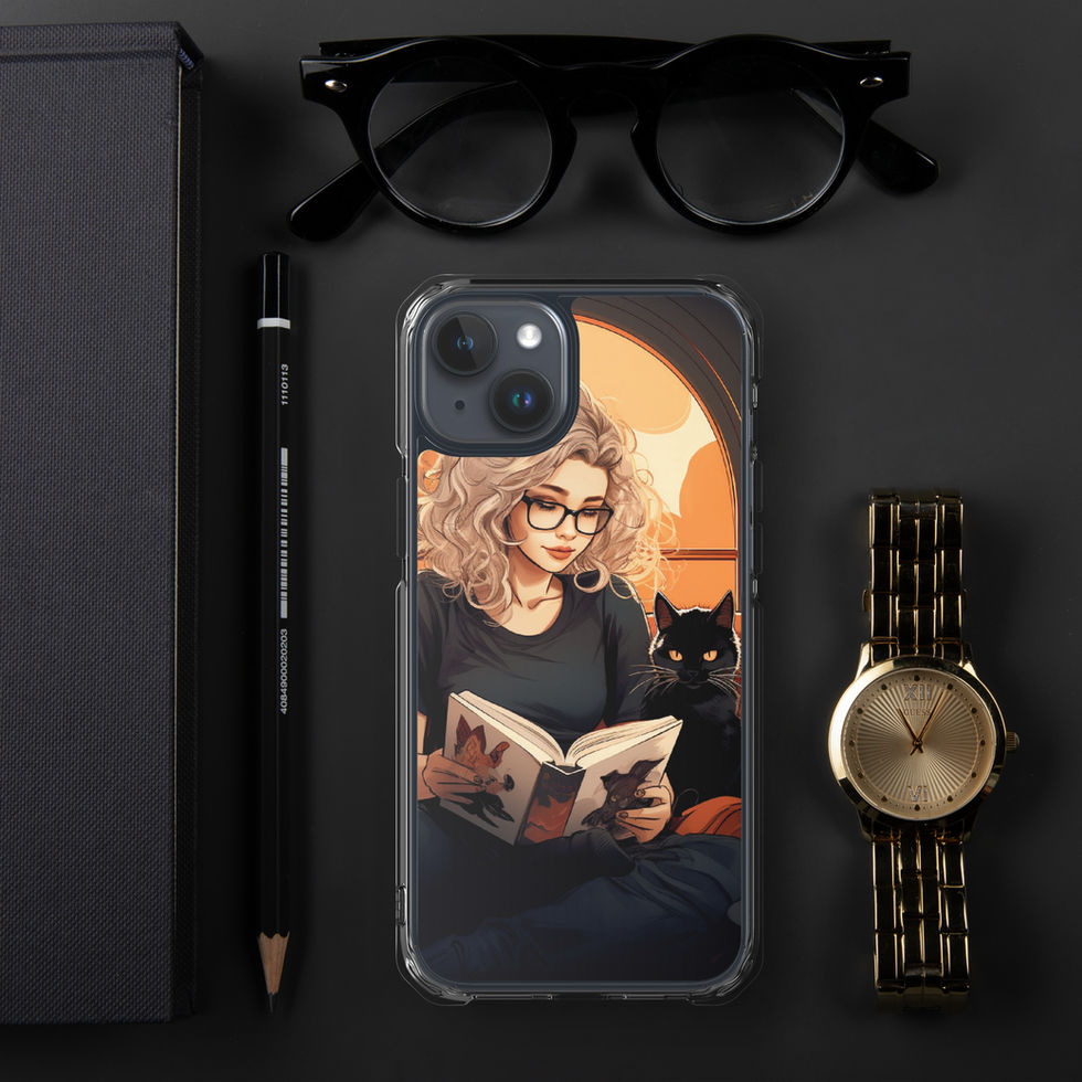 Printed back of Literary Haven iPhone clear case showing black cat looking outward