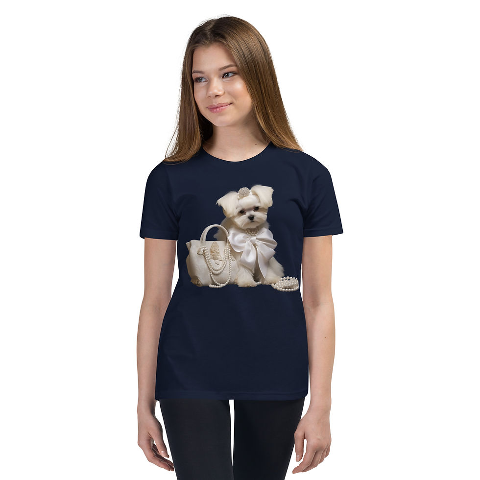 Elegant Pup: navy blue youth short-sleeve T-shirt with a white puppy with a handbag, worn by child
