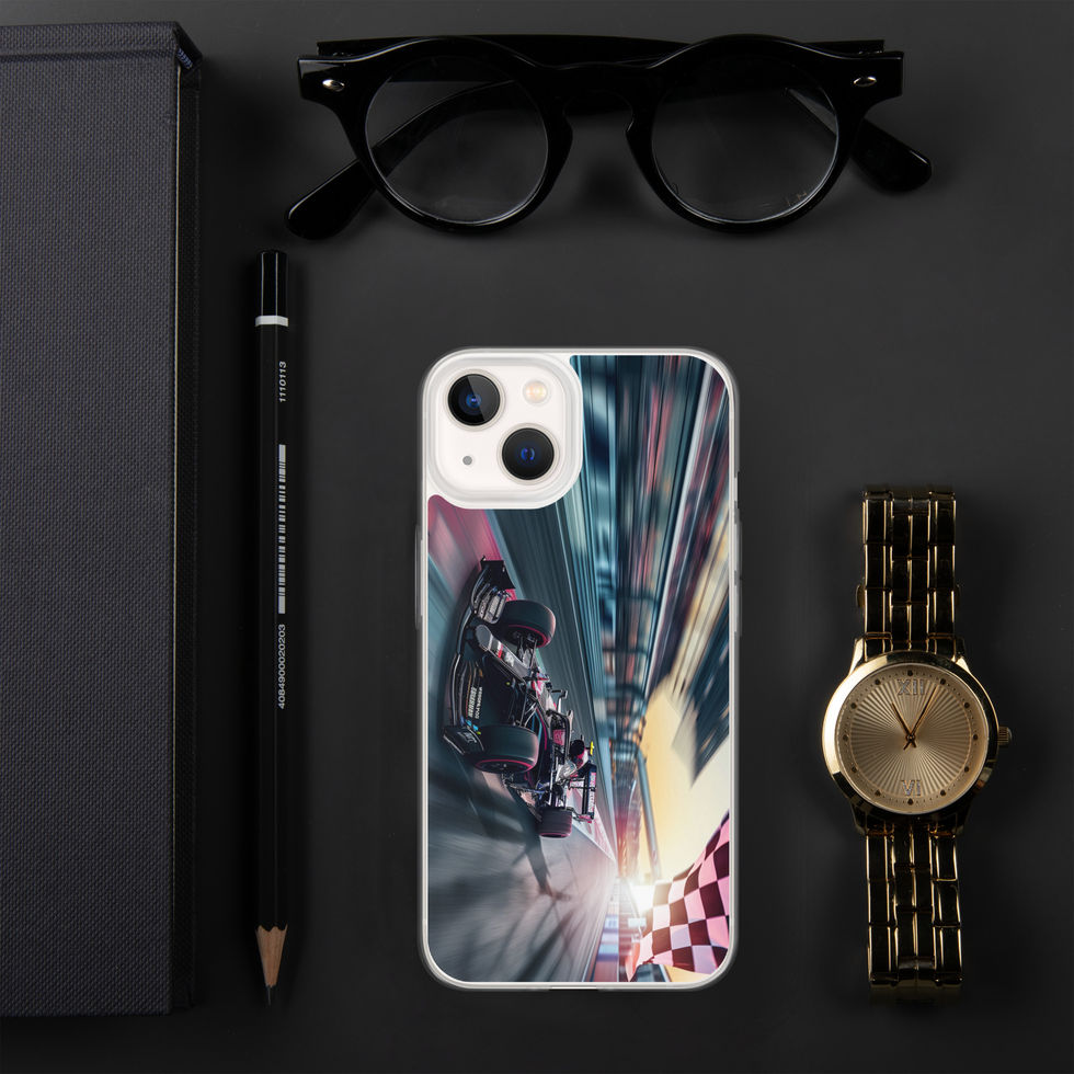 Final Lap Clear case for iPhone 13, dark race car and blurred track, black desk with glasses and watch