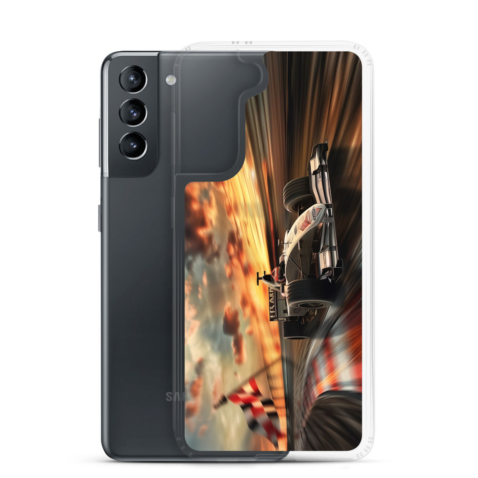 Sunset Speed Clear case for Galaxy S21, dark race car on sunset track, phone and case on white background