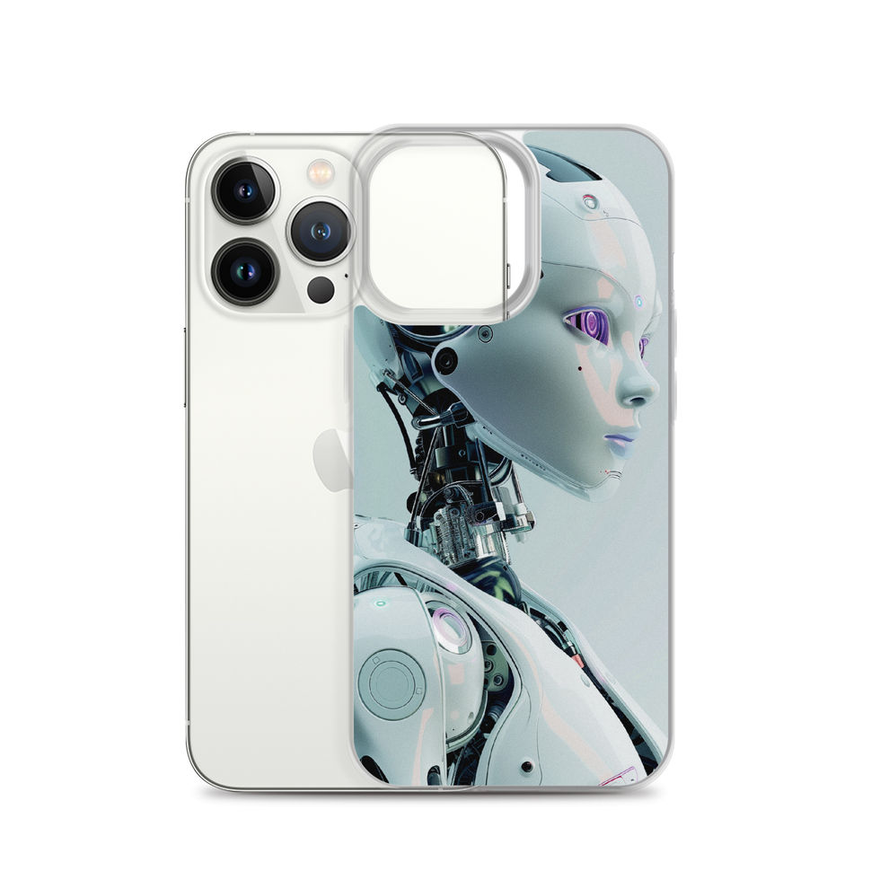 Profile-view humanoid robot artwork on a iPhone clear case