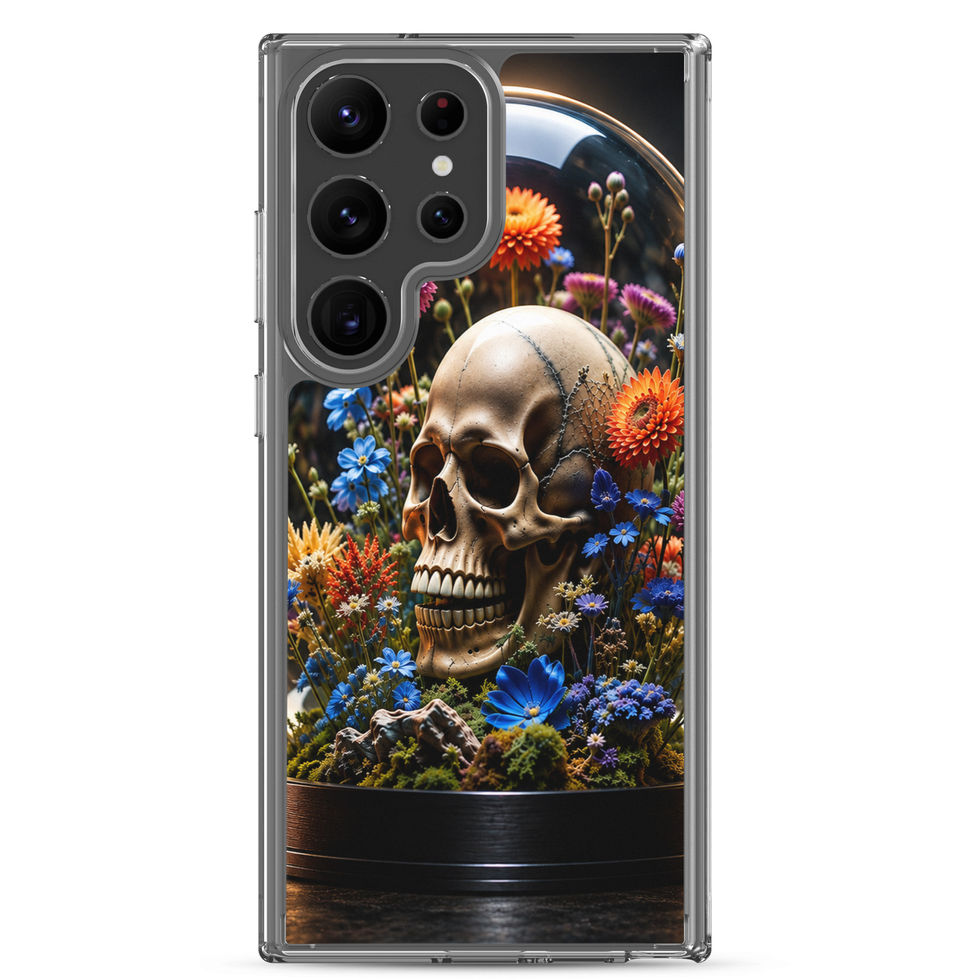 Floral Requiem Clear Samsung case showing botanical detail around the skull illustration