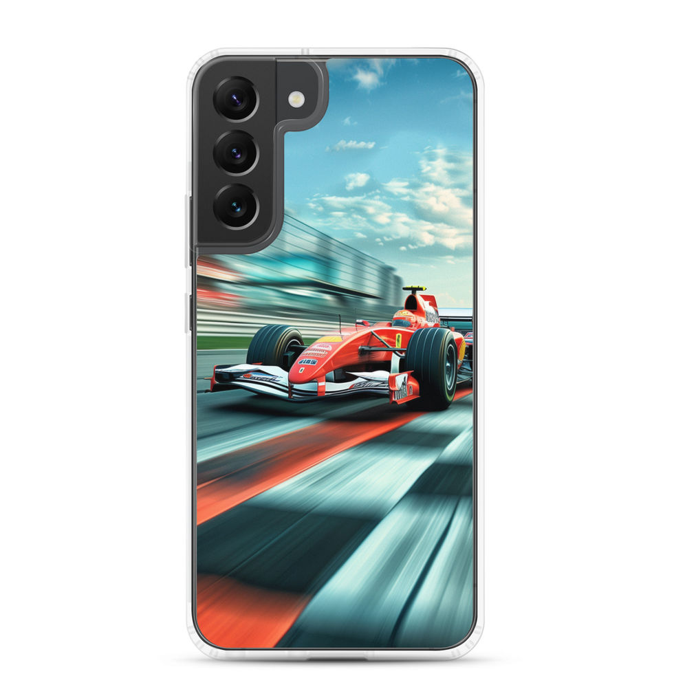 Victory Lap Clear case for Galaxy S22 Plus, red race car on teal track, rear view on white