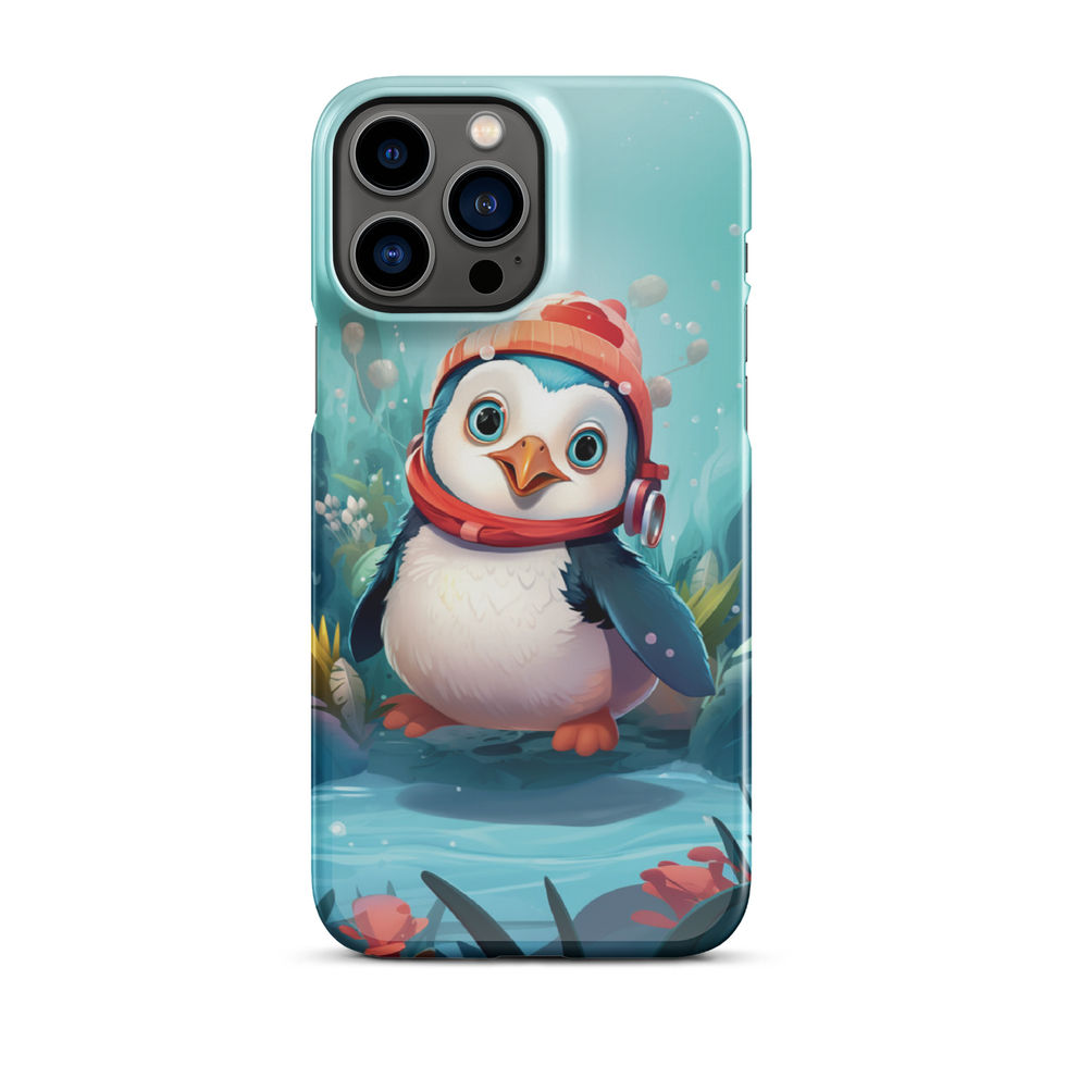 Aquatic penguin-mockup-12 showing Aqua Explorer artwork on an iPhone snap phone case