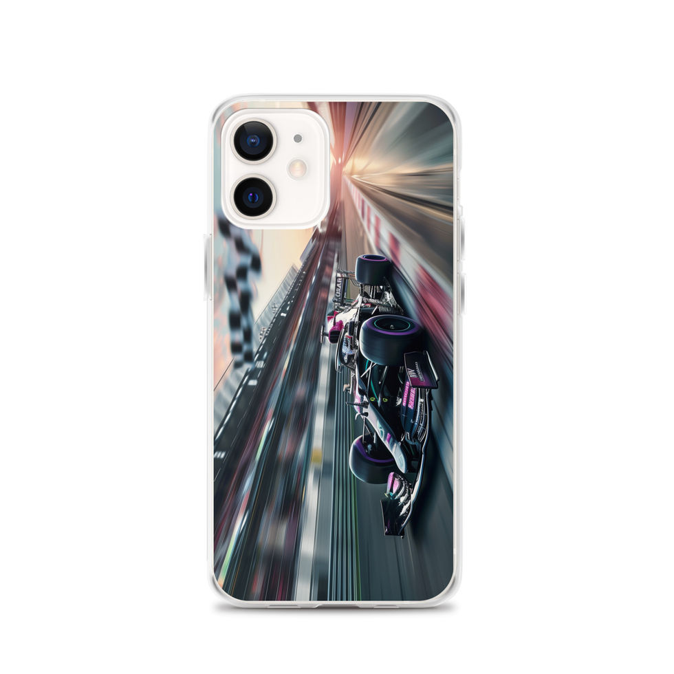 Midnight Velocity Clear case for iPhone 12, race car and night lights, phone and case on white