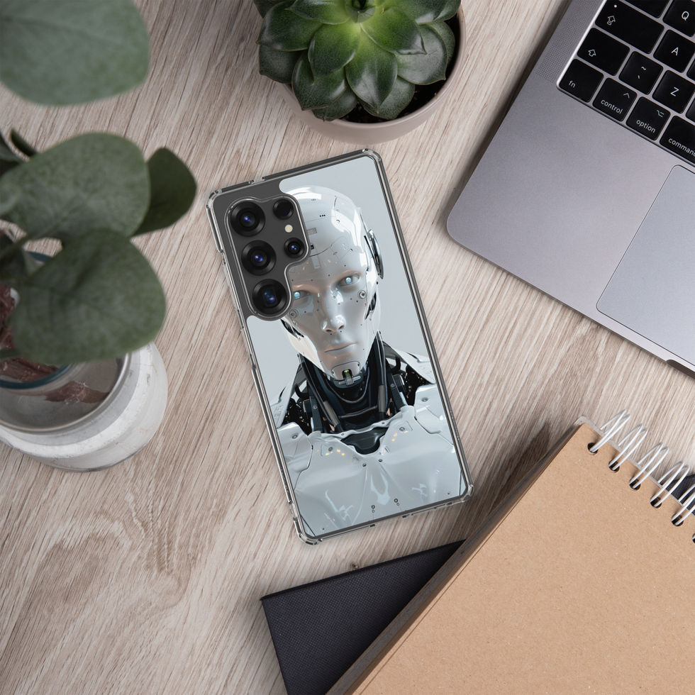 calm cybernetic guardian on Samsung clear protective case, angled phone case presentation