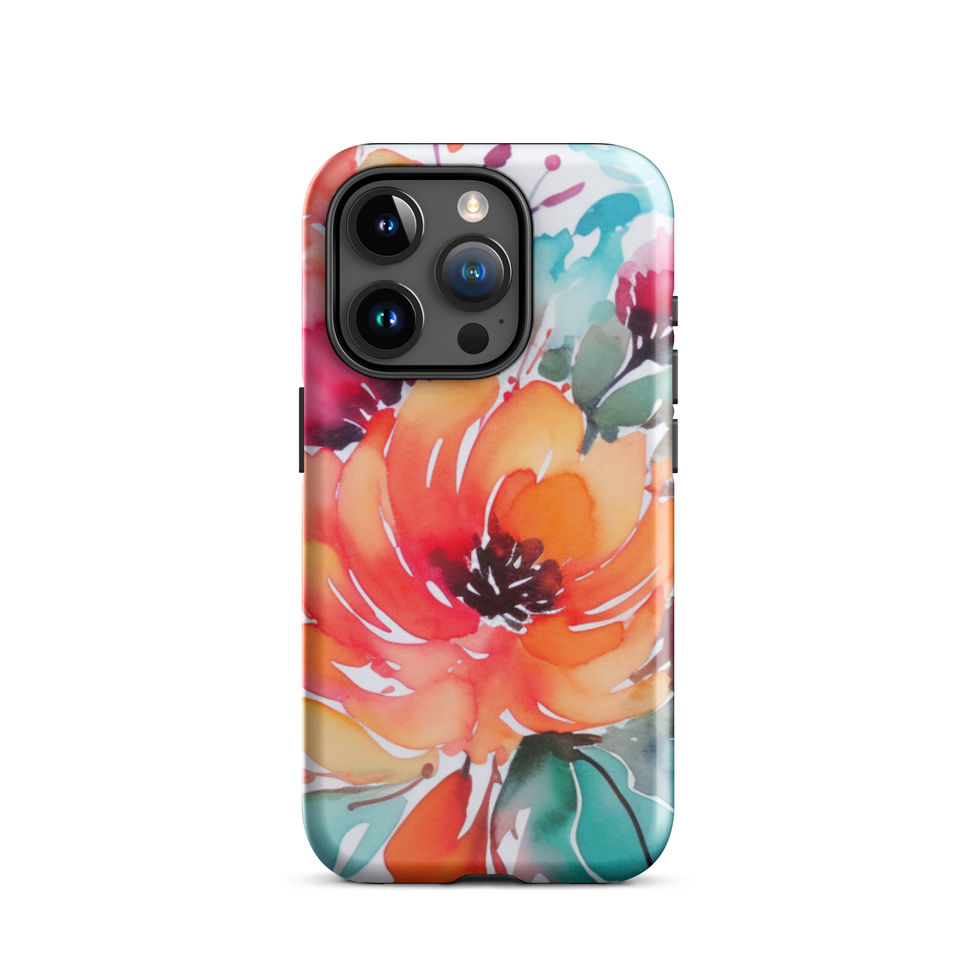 Artistic orange flower iPhone 15 Pro Max case with cool aqua leaves
