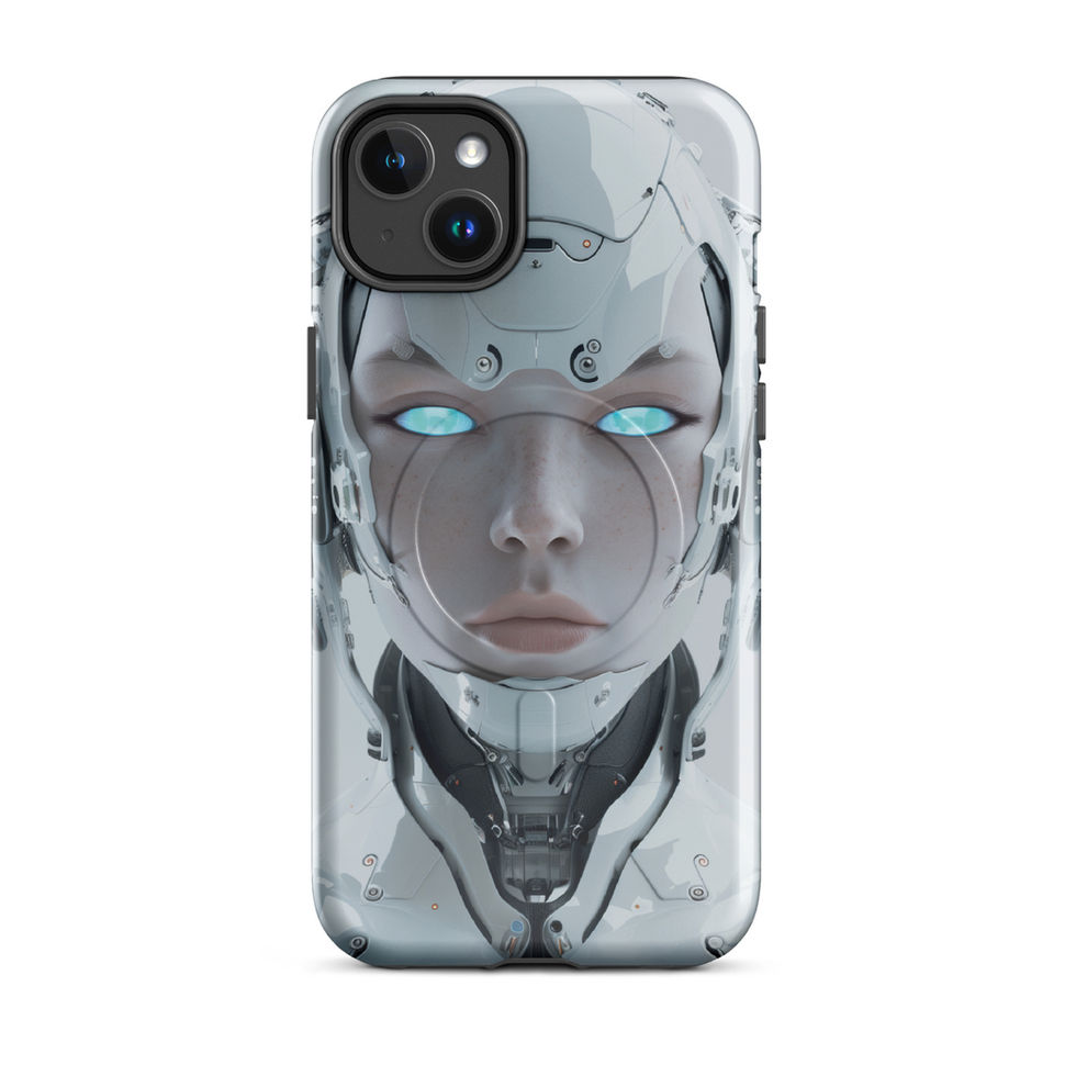 Pale-metal female android with graphite jaw mechanics; front product view on an iPhone® MagSafe Tough Case.