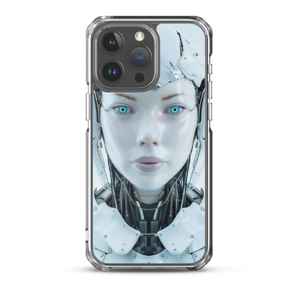 AI Celestia science-fiction portrait on a clear iPhone case – close-up artwork detail