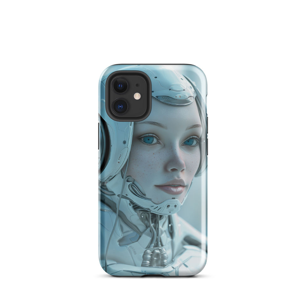 Futuristic robot woman with exposed neck mechanics; front product view on an iPhone® Tough Case.