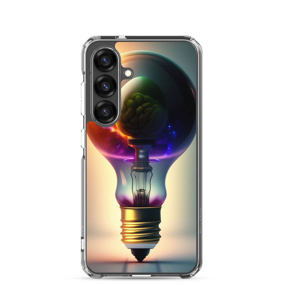 Brain Globe Clear Case for Samsung Galaxy S25, rear mockup 1 with a colourful brain in a glowing lightbulb.