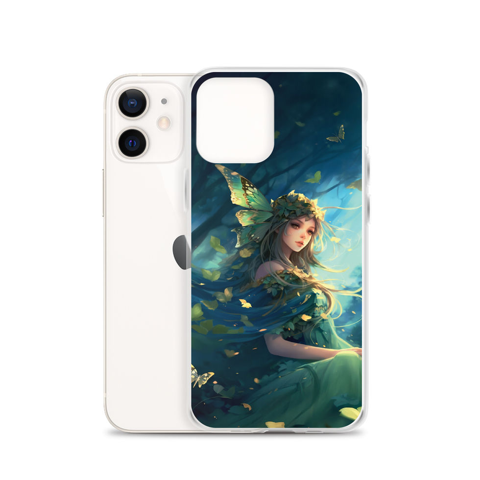 Forest Enchantress iPhone clear case with glowing highlights against dark green