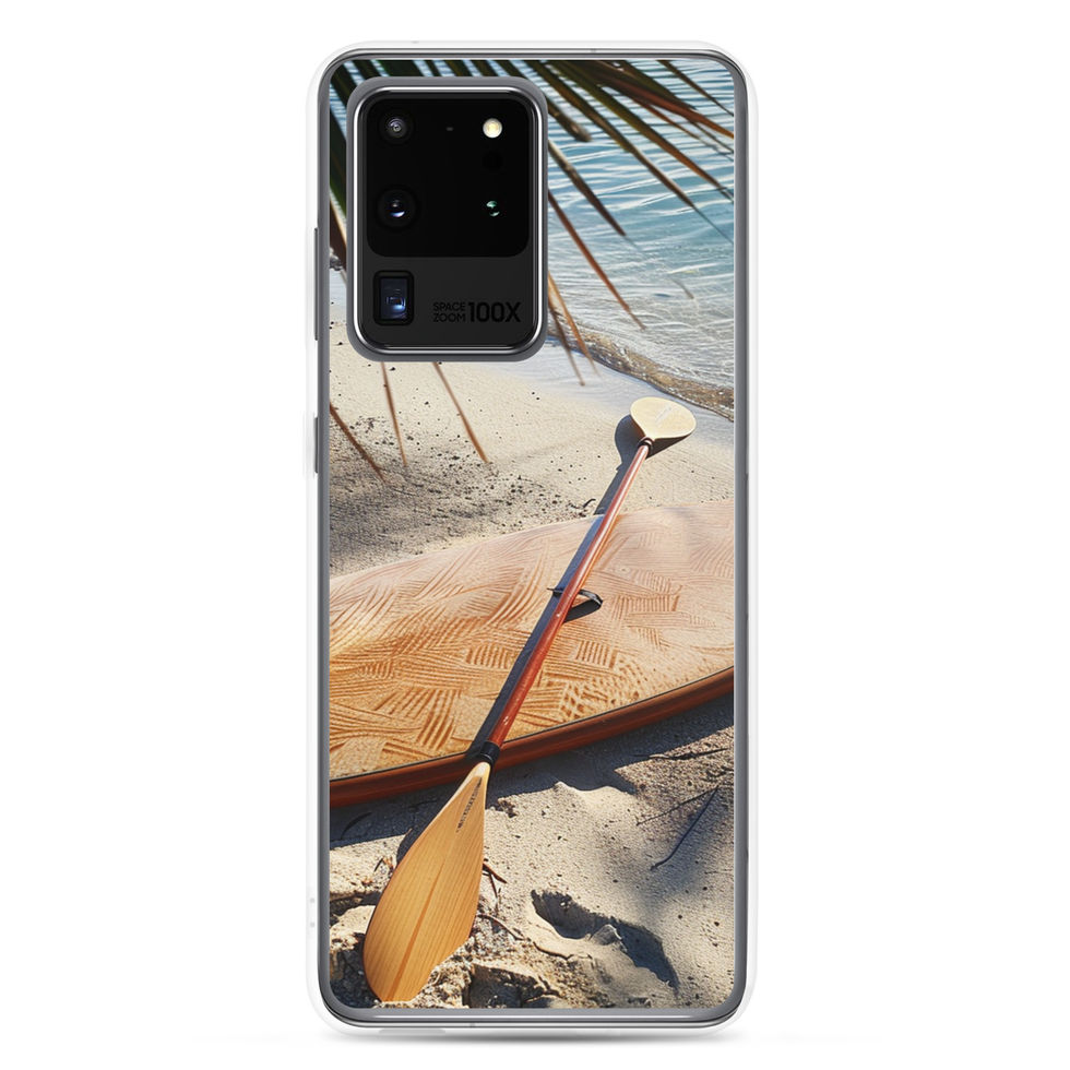 Driftwood Escape Clear case for Samsung showing palm leaves over the beach scene